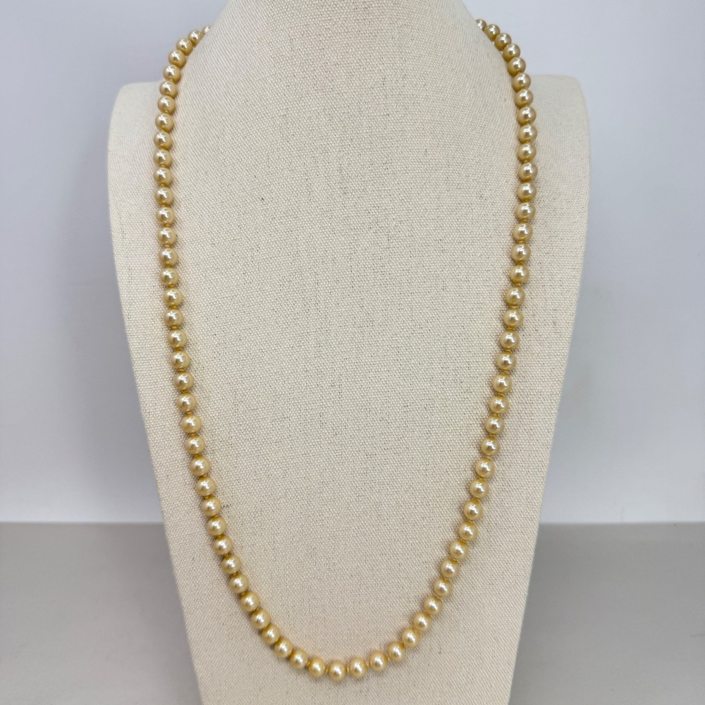 Vintage Champagne Faux Glass Pearl Necklace Knotted Gold Tone Filigree‎ Clasp